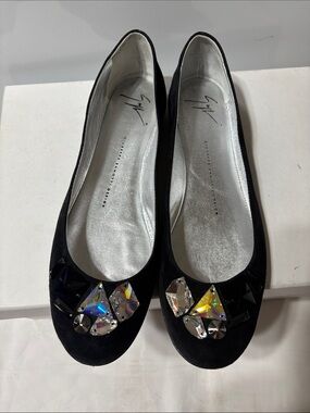 Giuseppe Zanotti Black Suede Jeweled Ballet Flats. EUC